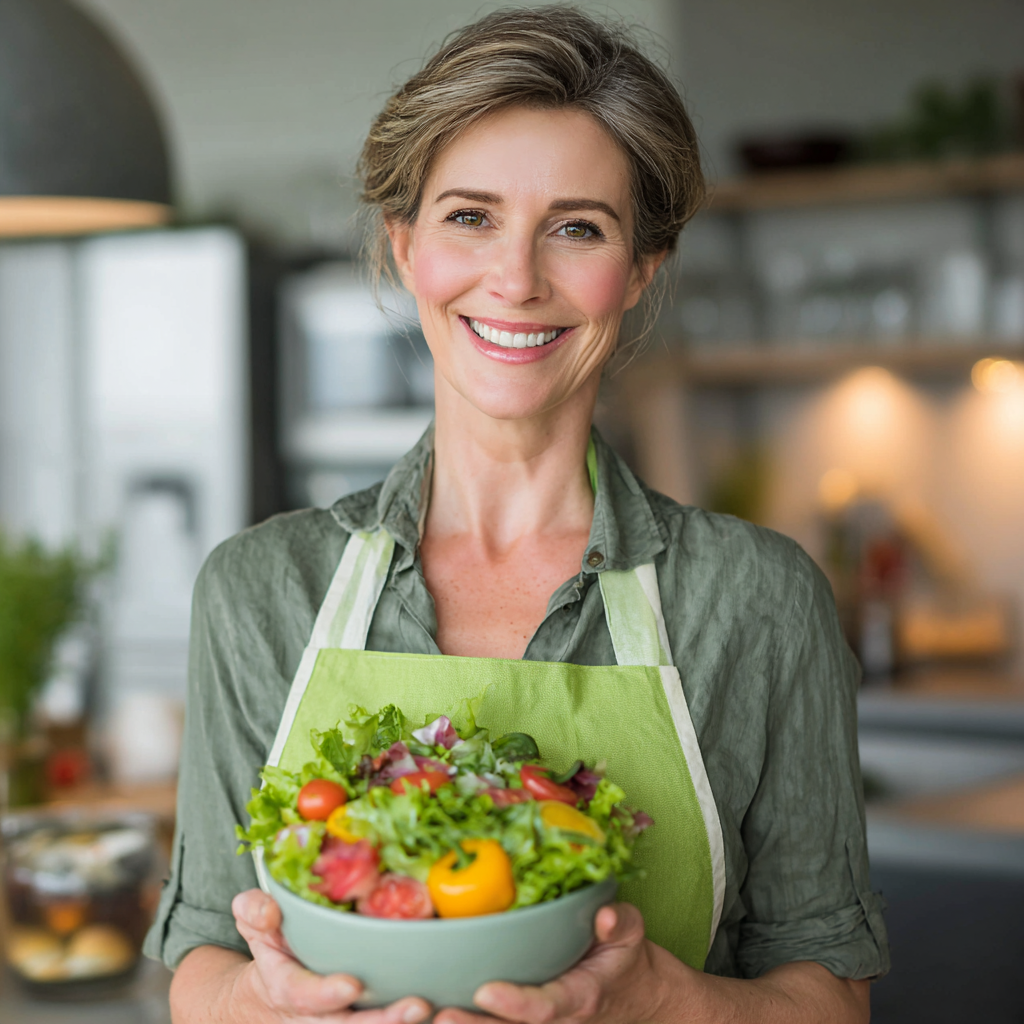 Happy middle-aged woman in her 40s with a bright smile, holding a colorful bowl of fresh salad, wearing a light green apron in a modern kitchen