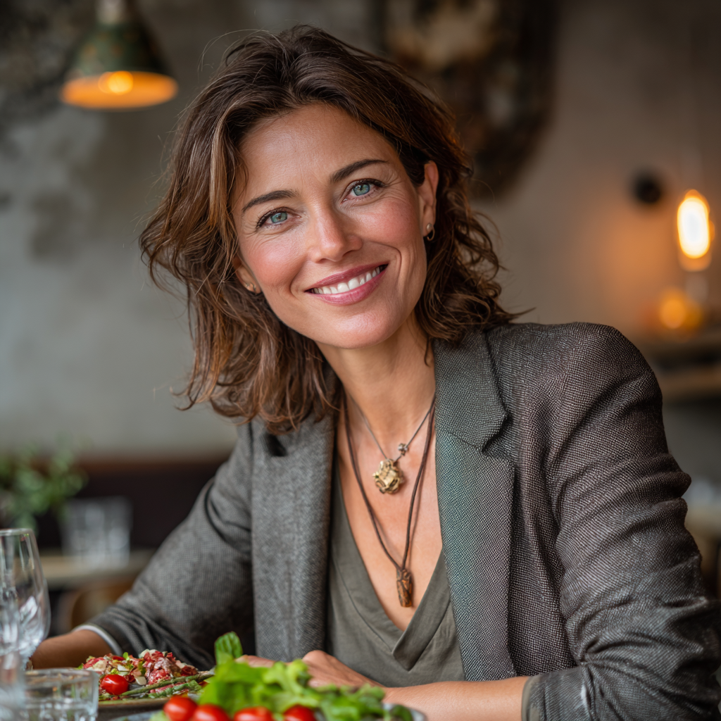 Professional woman in her mid-40s with shoulder-length brown hair, wearing a casual blazer, sitting at a cafe table with a healthy meal, smiling warmly at the camera